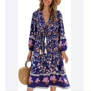 Boho Floral V-Neck Midi Dress -Blue Pink Floral Like Farm Rio Anthropologie! Med